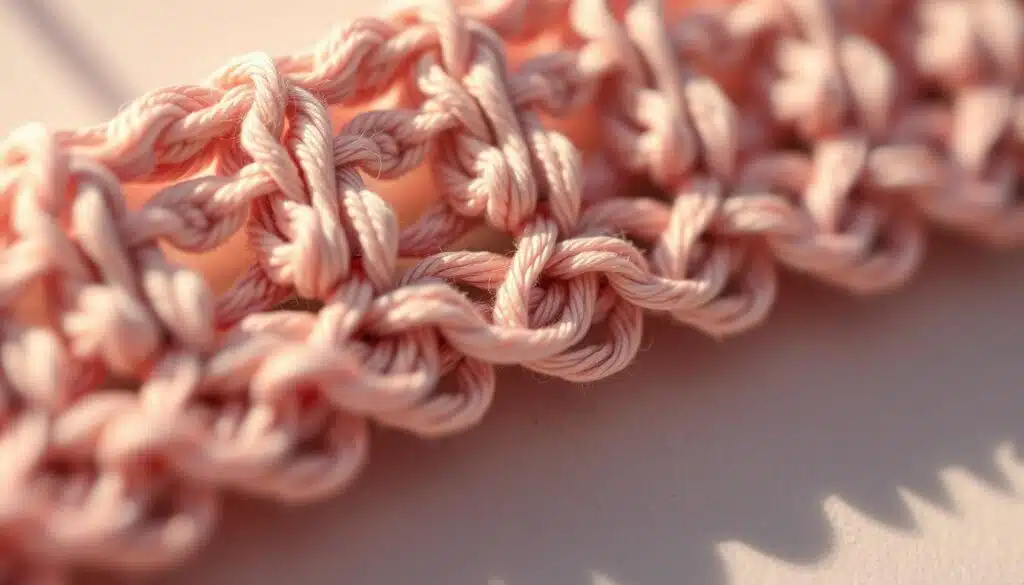 A close-up view of a crocheted foundation chain, showcasing the intricate textures and loops. The chain is captured in soft, diffused lighting, casting gentle shadows that accentuate the delicate structure. The image is framed to highlight the chain tips, revealing the subtle variations in tension and stitch formation. The overall composition has a warm, tactile quality, inviting the viewer to explore the nuances of this fundamental crochet technique. The depth of field is shallow, placing the focus on the captivating details of the foundation chain. A close-up view of a crocheted foundation chain, showcasing the intricate textures and loops. The chain is captured in soft, diffused lighting, casting gentle shadows that accentuate the delicate structure. The image is framed to highlight the chain tips, revealing the subtle variations in tension and stitch formation. The overall composition has a warm, tactile quality, inviting the viewer to explore the nuances of this fundamental crochet technique. The depth of field is shallow, placing the focus on the captivating details of the foundation chain.