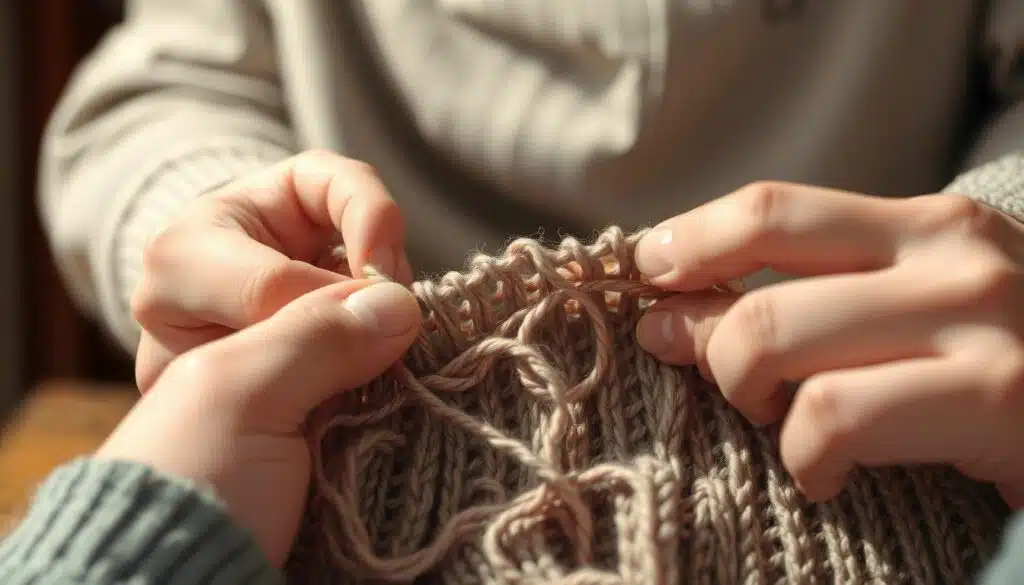 A close-up view of a person's hands unraveling a knitted fabric, revealing a tangled mess of loose yarn. The foreground showcases the nimble fingers gently pulling and plucking at the stitches, while the middle ground displays the unraveling fabric with intricate patterns and textures. The background is blurred, keeping the focus on the delicate act of unraveling. The lighting is soft and diffused, creating a warm, intimate atmosphere. The scene conveys a sense of careful concentration and the challenge of rescuing stitches from a clumsy mistake, reflecting the section title "Common but clumsy method for unravelling rows and how to rescue stitches". A close-up view of a person's hands unraveling a knitted fabric, revealing a tangled mess of loose yarn. The foreground showcases the nimble fingers gently pulling and plucking at the stitches, while the middle ground displays the unraveling fabric with intricate patterns and textures. The background is blurred, keeping the focus on the delicate act of unraveling. The lighting is soft and diffused, creating a warm, intimate atmosphere. The scene conveys a sense of careful concentration and the challenge of rescuing stitches from a clumsy mistake, reflecting the section title "Common but clumsy method for unravelling rows and how to rescue stitches".