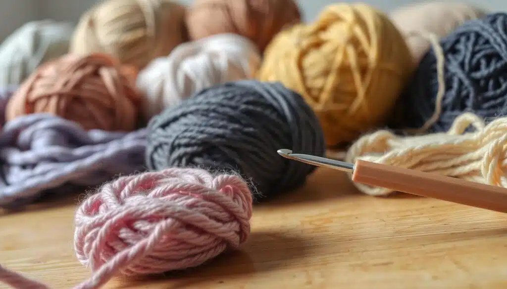 A close-up view of a table surface displaying an assortment of different yarn skeins and balls in various colors, textures, and thicknesses. The yarns are arranged in a visually appealing manner, allowing for easy comparison and substitution. The lighting is soft and diffused, highlighting the nuanced tones and fibers of the yarns. In the foreground, a crochet hook of appropriate size for the yarns is prominently featured, emphasizing the relationship between yarn and tool. The overall mood is one of craftsmanship, creativity, and the tactile pleasure of working with fiber. The image conveys a sense of the care and consideration required when choosing yarn substitutes for crochet projects. A close-up view of a table surface displaying an assortment of different yarn skeins and balls in various colors, textures, and thicknesses. The yarns are arranged in a visually appealing manner, allowing for easy comparison and substitution. The lighting is soft and diffused, highlighting the nuanced tones and fibers of the yarns. In the foreground, a crochet hook of appropriate size for the yarns is prominently featured, emphasizing the relationship between yarn and tool. The overall mood is one of craftsmanship, creativity, and the tactile pleasure of working with fiber. The image conveys a sense of the care and consideration required when choosing yarn substitutes for crochet projects.