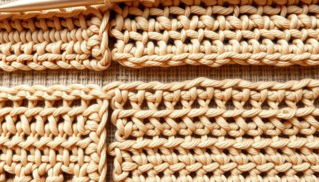 A close-up view of various double crochet stitch patterns, showcased against a neutral, textured background. The stitches are rendered in a soft, natural palette of earth-toned yarns, highlighting their intricate structures and dimensional qualities. The lighting is soft and diffused, creating a sense of depth and emphasizing the tactile nature of the crochet work. The camera angle is slightly elevated, allowing the viewer to appreciate the subtle nuances and unique characteristics of each double crochet variation. The overall composition is balanced and harmonious, inviting the viewer to explore the versatility and beauty of this essential crochet technique. A close-up view of various double crochet stitch patterns, showcased against a neutral, textured background. The stitches are rendered in a soft, natural palette of earth-toned yarns, highlighting their intricate structures and dimensional qualities. The lighting is soft and diffused, creating a sense of depth and emphasizing the tactile nature of the crochet work. The camera angle is slightly elevated, allowing the viewer to appreciate the subtle nuances and unique characteristics of each double crochet variation. The overall composition is balanced and harmonious, inviting the viewer to explore the versatility and beauty of this essential crochet technique.