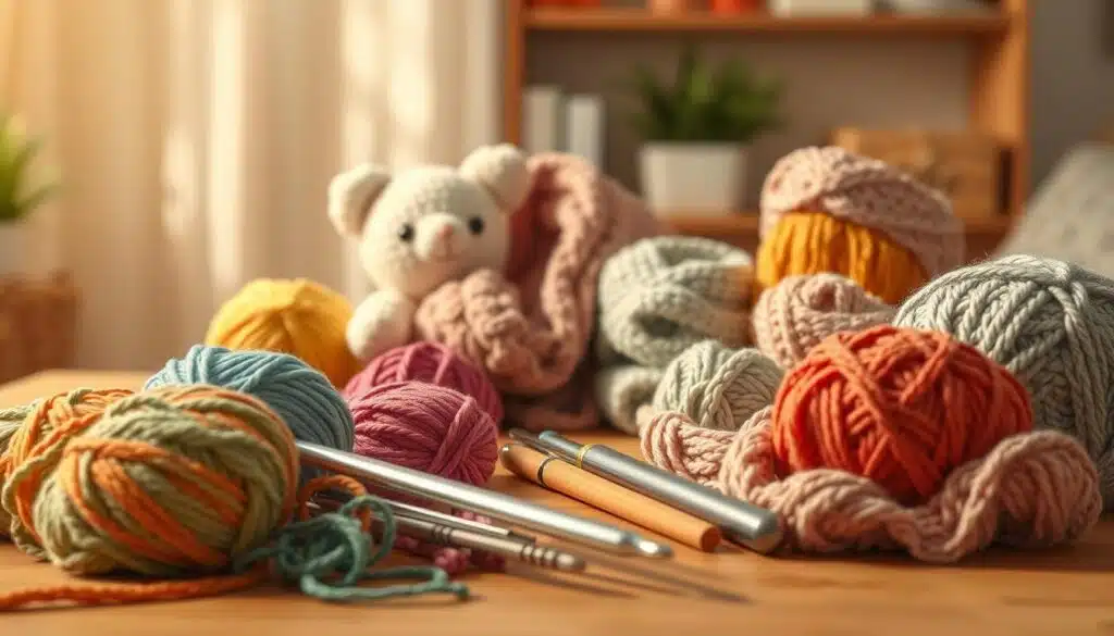 A cozy and inviting scene showcasing a variety of quick crochet projects, neatly arranged on a wooden table. In the foreground, there are skeins of vibrant yarn in an array of colors, with crochet hooks of different sizes nestled among them. In the middle ground, an assortment of partially completed projects, such as a plush amigurumi figure, a warm scarf, and a chic headband, are displayed. The background features a soft, blurred focus, creating a sense of depth and highlighting the handcrafted nature of the pieces. The lighting is warm and natural, casting a gentle glow over the scene, conveying a sense of comfort and creativity. The overall mood is one of effortless elegance and inspiration, inviting the viewer to explore the possibilities of quick and rewarding crochet patterns. A cozy and inviting scene showcasing a variety of quick crochet projects, neatly arranged on a wooden table. In the foreground, there are skeins of vibrant yarn in an array of colors, with crochet hooks of different sizes nestled among them. In the middle ground, an assortment of partially completed projects, such as a plush amigurumi figure, a warm scarf, and a chic headband, are displayed. The background features a soft, blurred focus, creating a sense of depth and highlighting the handcrafted nature of the pieces. The lighting is warm and natural, casting a gentle glow over the scene, conveying a sense of comfort and creativity. The overall mood is one of effortless elegance and inspiration, inviting the viewer to explore the possibilities of quick and rewarding crochet patterns.