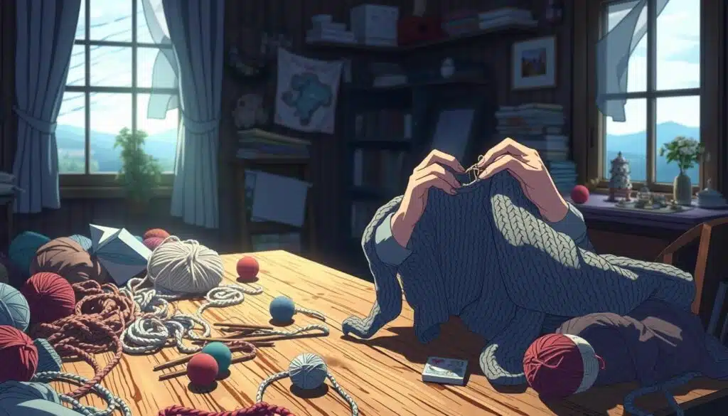 A cozy knitting studio, illuminated by soft, diffused lighting. In the foreground, a tangle of yarn and unfinished projects sit on a weathered wooden table, telling tales of creative mishaps and unexpected triumphs. In the middle ground, a pair of hands deftly weave new life into a rescued sweater, mending its worn edges with expert stitches. Framed by a window, the background reveals a serene outdoor scene, hinting at the tranquility that can be found in the act of knitting. The overall atmosphere conveys a sense of warmth, resilience, and the joy of transforming the unexpected into something beautiful. A cozy knitting studio, illuminated by soft, diffused lighting. In the foreground, a tangle of yarn and unfinished projects sit on a weathered wooden table, telling tales of creative mishaps and unexpected triumphs. In the middle ground, a pair of hands deftly weave new life into a rescued sweater, mending its worn edges with expert stitches. Framed by a window, the background reveals a serene outdoor scene, hinting at the tranquility that can be found in the act of knitting. The overall atmosphere conveys a sense of warmth, resilience, and the joy of transforming the unexpected into something beautiful.