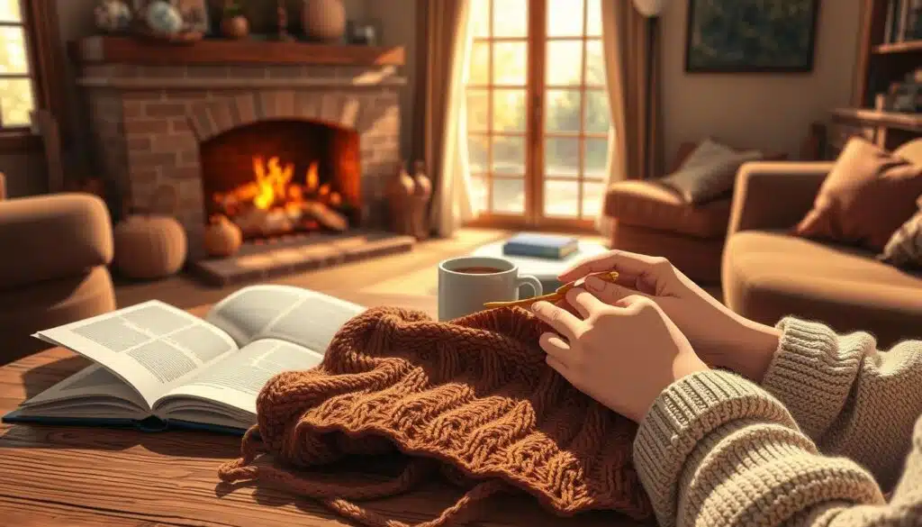 A cozy living room filled with natural light, showcasing an intricate knitting project on a wooden table. In the foreground, a pair of skilled hands skillfully manipulate knitting needles, creating a textured scarf in earthy autumnal tones. In the middle ground, an open book lays next to a mug of hot tea, hinting at the knowledge and inspiration behind the craft. The background features a warm, inviting fireplace, casting a soft, ambient glow and creating a serene, contemplative atmosphere perfect for a skill-building seasonal knitting project. A cozy living room filled with natural light, showcasing an intricate knitting project on a wooden table. In the foreground, a pair of skilled hands skillfully manipulate knitting needles, creating a textured scarf in earthy autumnal tones. In the middle ground, an open book lays next to a mug of hot tea, hinting at the knowledge and inspiration behind the craft. The background features a warm, inviting fireplace, casting a soft, ambient glow and creating a serene, contemplative atmosphere perfect for a skill-building seasonal knitting project.