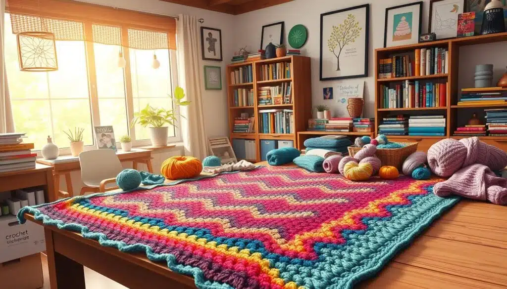 A cozy, well-lit home studio filled with a variety of intermediate crochet projects laid out on a wooden table. In the foreground, a vibrant, textured afghan in a chevron pattern, partially finished. In the middle ground, a selection of colorful yarns, crochet hooks, and stitch markers neatly arranged. The background features a bookshelf with crochet technique books and inspirational wall art. Natural light streams in through a large window, casting a warm glow over the scene. The overall atmosphere conveys a sense of creativity, focus, and the rewarding journey of mastering intermediate crochet skills. A cozy, well-lit home studio filled with a variety of intermediate crochet projects laid out on a wooden table. In the foreground, a vibrant, textured afghan in a chevron pattern, partially finished. In the middle ground, a selection of colorful yarns, crochet hooks, and stitch markers neatly arranged. The background features a bookshelf with crochet technique books and inspirational wall art. Natural light streams in through a large window, casting a warm glow over the scene. The overall atmosphere conveys a sense of creativity, focus, and the rewarding journey of mastering intermediate crochet skills.