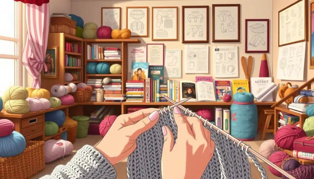 A cozy, well-lit studio filled with an array of knitting supplies, including vibrant skeins of yarn in a variety of colors, intricate knitting needles of different sizes, and a work-in-progress garment showcasing various knitting techniques. In the foreground, a skilled knitter's hands meticulously manipulate the yarn, demonstrating a classic knit stitch. In the middle ground, a selection of knitting books and tutorials provide inspiration and guidance. The background features a wall adorned with framed knitting patterns and diagrams, conveying a sense of expertise and craftsmanship. The overall atmosphere is warm, inviting, and focused, capturing the essence of the "Knitting Techniques and Tips for Every Skill Level" section. A cozy, well-lit studio filled with an array of knitting supplies, including vibrant skeins of yarn in a variety of colors, intricate knitting needles of different sizes, and a work-in-progress garment showcasing various knitting techniques. In the foreground, a skilled knitter's hands meticulously manipulate the yarn, demonstrating a classic knit stitch. In the middle ground, a selection of knitting books and tutorials provide inspiration and guidance. The background features a wall adorned with framed knitting patterns and diagrams, conveying a sense of expertise and craftsmanship. The overall atmosphere is warm, inviting, and focused, capturing the essence of the "Knitting Techniques and Tips for Every Skill Level" section.