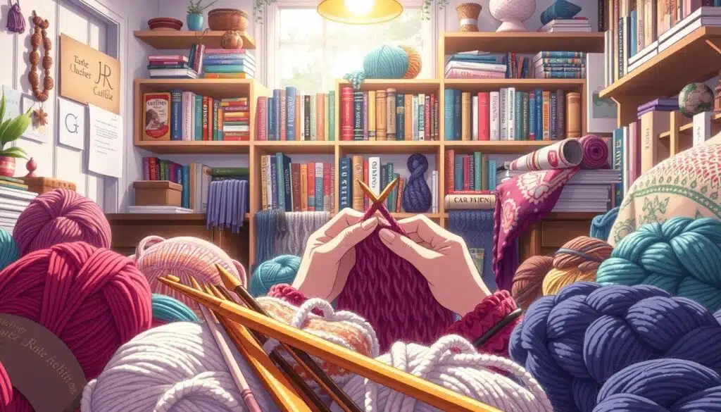 A cozy, well-lit studio filled with intricate knitting projects in progress. In the foreground, a set of finely crafted needles and skeins of yarn in an array of vibrant colors. In the middle ground, a knitter's hands skillfully manipulating the yarn, showcasing advanced techniques like cable, lace, and Fair Isle patterns. In the background, shelves displaying an impressive collection of knitting books, stitch dictionaries, and handmade knitted garments. The scene exudes a sense of tranquility, focus, and the joy of creating something beautiful by hand. A cozy, well-lit studio filled with intricate knitting projects in progress. In the foreground, a set of finely crafted needles and skeins of yarn in an array of vibrant colors. In the middle ground, a knitter's hands skillfully manipulating the yarn, showcasing advanced techniques like cable, lace, and Fair Isle patterns. In the background, shelves displaying an impressive collection of knitting books, stitch dictionaries, and handmade knitted garments. The scene exudes a sense of tranquility, focus, and the joy of creating something beautiful by hand.