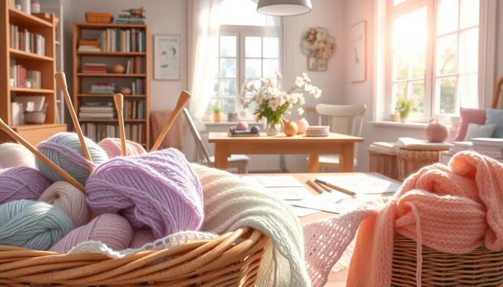 A cozy, well-lit studio filled with the essence of springtime. In the foreground, a basket overflows with vibrant yarn skeins in pastel hues of lavender, mint, and peach. Knitting needles protrude, hinting at the projects in progress - a delicate lace shawl, a soft baby blanket, and a pair of airy fingerless gloves. In the middle ground, sunlight streams through large windows, casting a warm glow on a wooden table adorned with freshly bloomed flowers. Patterns and design sketches are scattered across the surface, inspiring the creation of beautiful spring garments. The background reveals shelves of neatly organized knitting books and supplies, creating an inviting atmosphere of creativity and productivity. A cozy, well-lit studio filled with the essence of springtime. In the foreground, a basket overflows with vibrant yarn skeins in pastel hues of lavender, mint, and peach. Knitting needles protrude, hinting at the projects in progress - a delicate lace shawl, a soft baby blanket, and a pair of airy fingerless gloves. In the middle ground, sunlight streams through large windows, casting a warm glow on a wooden table adorned with freshly bloomed flowers. Patterns and design sketches are scattered across the surface, inspiring the creation of beautiful spring garments. The background reveals shelves of neatly organized knitting books and supplies, creating an inviting atmosphere of creativity and productivity.