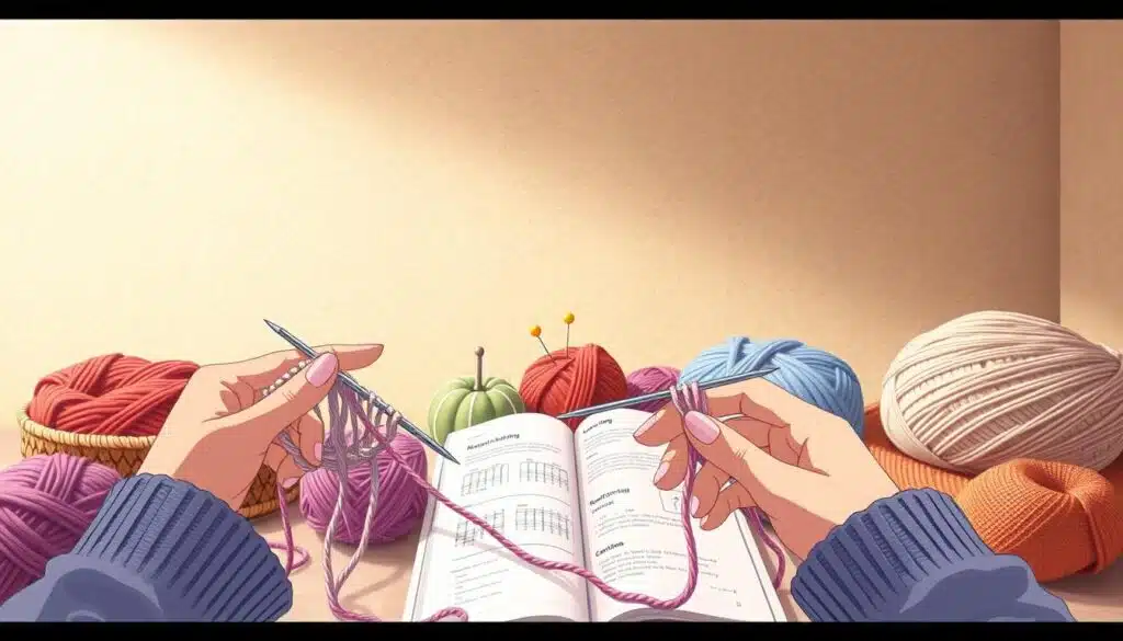 A cozy, well-lit studio setting showcasing the fundamentals of knitting. In the foreground, a pair of skilled hands gracefully manipulating knitting needles and yarn, demonstrating the basic stitch techniques - the knit, purl, and cast-on. In the middle ground, an array of knitting supplies - vibrant skeins of yarn, a pincushion, and a pattern book open to reveal intricate stitch diagrams. The background features a neutral-toned, textured wall, creating a warm, inviting atmosphere for this instructional scene. Soft, diffused lighting illuminates the scene, emphasizing the intricate movements and the tactile nature of the craft. The overall composition conveys a sense of simplicity, focus, and the joyful exploration of the basic building blocks of knitting. A cozy, well-lit studio setting showcasing the fundamentals of knitting. In the foreground, a pair of skilled hands gracefully manipulating knitting needles and yarn, demonstrating the basic stitch techniques - the knit, purl, and cast-on. In the middle ground, an array of knitting supplies - vibrant skeins of yarn, a pincushion, and a pattern book open to reveal intricate stitch diagrams. The background features a neutral-toned, textured wall, creating a warm, inviting atmosphere for this instructional scene. Soft, diffused lighting illuminates the scene, emphasizing the intricate movements and the tactile nature of the craft. The overall composition conveys a sense of simplicity, focus, and the joyful exploration of the basic building blocks of knitting.