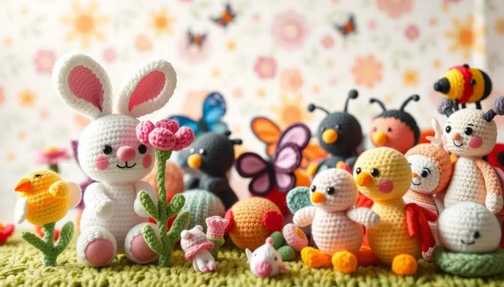 A lively assortment of delightful spring-themed amigurumi figurines, expertly crocheted with vibrant yarns in a soft, natural light. In the foreground, a whimsical bunny, a budding flower, and a playful chick come to life, their charming expressions and postures capturing the essence of the season. In the middle ground, an array of other amigurumi creatures, such as a butterfly, a ladybug, and a bumblebee, create a harmonious, textured display. The background features a delicate floral pattern, hinting at the blooming splendor of springtime. The overall composition evokes a sense of joy, creativity, and the beauty of handmade, finely crafted crochet projects. A lively assortment of delightful spring-themed amigurumi figurines, expertly crocheted with vibrant yarns in a soft, natural light. In the foreground, a whimsical bunny, a budding flower, and a playful chick come to life, their charming expressions and postures capturing the essence of the season. In the middle ground, an array of other amigurumi creatures, such as a butterfly, a ladybug, and a bumblebee, create a harmonious, textured display. The background features a delicate floral pattern, hinting at the blooming splendor of springtime. The overall composition evokes a sense of joy, creativity, and the beauty of handmade, finely crafted crochet projects.