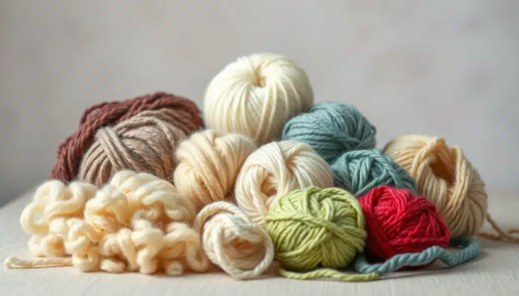 A still life arrangement showcasing an array of yarn fiber types, artfully displayed on a neutral-toned surface. In the foreground, a selection of natural fibers such as wool, alpaca, and cashmere, their textures and colors vividly rendered. In the middle ground, synthetic fibers like acrylic and polyester, their sheen and smoothness contrasting with the organic fibers. The background features a soft, out-of-focus gradient, highlighting the focal point of the fibers. The lighting is soft and diffused, emphasizing the nuanced hues and structures of the yarn. The overall composition is balanced and visually harmonious, inviting the viewer to explore the unique characteristics of each fiber type. A still life arrangement showcasing an array of yarn fiber types, artfully displayed on a neutral-toned surface. In the foreground, a selection of natural fibers such as wool, alpaca, and cashmere, their textures and colors vividly rendered. In the middle ground, synthetic fibers like acrylic and polyester, their sheen and smoothness contrasting with the organic fibers. The background features a soft, out-of-focus gradient, highlighting the focal point of the fibers. The lighting is soft and diffused, emphasizing the nuanced hues and structures of the yarn. The overall composition is balanced and visually harmonious, inviting the viewer to explore the unique characteristics of each fiber type.