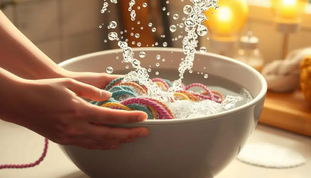 A well-lit kitchen counter with a large ceramic bowl filled with soapy water. Strands of colorful yarn are submerged, gently swishing and swirling as nimble hands carefully manipulate them. Streams of bubbles rise to the surface, reflecting the warm incandescent light above. The background is blurred, focusing the viewer's attention on the delicate, meticulous process of hand-washing precious yarn. A serene, meditative atmosphere pervades the scene, conveying the art and science of caring for one's fiber crafts. A well-lit kitchen counter with a large ceramic bowl filled with soapy water. Strands of colorful yarn are submerged, gently swishing and swirling as nimble hands carefully manipulate them. Streams of bubbles rise to the surface, reflecting the warm incandescent light above. The background is blurred, focusing the viewer's attention on the delicate, meticulous process of hand-washing precious yarn. A serene, meditative atmosphere pervades the scene, conveying the art and science of caring for one's fiber crafts.