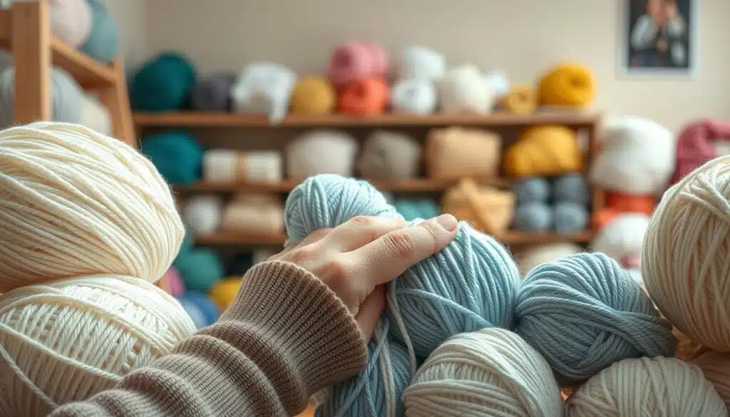 A brightly lit, high-resolution photograph of a person's hands thoughtfully examining and selecting skeins of cotton and acrylic yarn in a cozy, well-stocked yarn store. The subject is showcased against a clean, neutral background, with the yarn prominently displayed in the foreground. The hands delicately feel the texture and weight of the different yarn types, considering their softness, drape, and suitability for a variety of knitting and crocheting projects. The image conveys a sense of care, focus, and the joy of discovering the perfect yarn for a new crafting endeavor. A brightly lit, high-resolution photograph of a person's hands thoughtfully examining and selecting skeins of cotton and acrylic yarn in a cozy, well-stocked yarn store. The subject is showcased against a clean, neutral background, with the yarn prominently displayed in the foreground. The hands delicately feel the texture and weight of the different yarn types, considering their softness, drape, and suitability for a variety of knitting and crocheting projects. The image conveys a sense of care, focus, and the joy of discovering the perfect yarn for a new crafting endeavor.