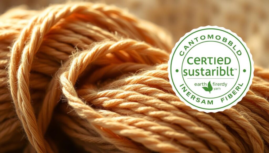 A close-up photograph of certified sustainable yarn, laid out against a soft, natural background. The yarn is composed of high-quality, earth-friendly fibers, its texture and hues reflecting the care and attention put into its production. Warm lighting casts a gentle glow, highlighting the yarn's intricate weave and subtle sheen. The image conveys a sense of quality, responsibility, and a connection to the natural world - qualities that would be appealing to the eco-conscious crafter seeking to make sustainable choices. The focus is on the yarn itself, allowing the viewer to appreciate its premium craftsmanship and environmental credentials. A close-up photograph of certified sustainable yarn, laid out against a soft, natural background. The yarn is composed of high-quality, earth-friendly fibers, its texture and hues reflecting the care and attention put into its production. Warm lighting casts a gentle glow, highlighting the yarn's intricate weave and subtle sheen. The image conveys a sense of quality, responsibility, and a connection to the natural world - qualities that would be appealing to the eco-conscious crafter seeking to make sustainable choices. The focus is on the yarn itself, allowing the viewer to appreciate its premium craftsmanship and environmental credentials.
