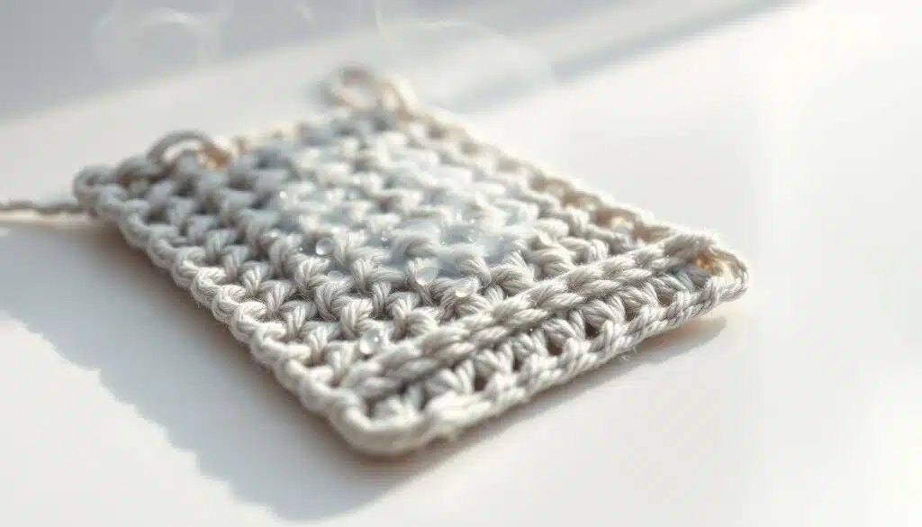 A close-up view of a crocheted swatch being steam blocked, with droplets of condensed steam visible on the surface of the acrylic yarn. The swatch is laid flat on a smooth, reflective surface, creating a soft, diffused lighting effect. The steam rises in delicate, curling tendrils, gently enveloping the fabric and giving the scene a sense of tranquility and focus. The composition emphasizes the textural interplay between the steam, the yarn, and the underlying surface, showcasing the transformative power of this simple blocking technique. A close-up view of a crocheted swatch being steam blocked, with droplets of condensed steam visible on the surface of the acrylic yarn. The swatch is laid flat on a smooth, reflective surface, creating a soft, diffused lighting effect. The steam rises in delicate, curling tendrils, gently enveloping the fabric and giving the scene a sense of tranquility and focus. The composition emphasizes the textural interplay between the steam, the yarn, and the underlying surface, showcasing the transformative power of this simple blocking technique.