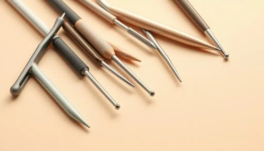 A close-up view of a selection of ergonomic crochet hooks arranged on a plain, neutral-toned surface. The hooks are made from high-quality materials like metal or resin, with ergonomic handles designed to reduce hand fatigue during long crochet sessions. The hooks are angled and curved to fit comfortably in the hand, with textures and contours that provide a secure and controlled grip. Soft, even lighting from above casts gentle shadows, highlighting the varied shapes and finishes of the hooks. The composition places the hooks in the foreground, with a clean, uncluttered background that allows the tools to be the focal point. A close-up view of a selection of ergonomic crochet hooks arranged on a plain, neutral-toned surface. The hooks are made from high-quality materials like metal or resin, with ergonomic handles designed to reduce hand fatigue during long crochet sessions. The hooks are angled and curved to fit comfortably in the hand, with textures and contours that provide a secure and controlled grip. Soft, even lighting from above casts gentle shadows, highlighting the varied shapes and finishes of the hooks. The composition places the hooks in the foreground, with a clean, uncluttered background that allows the tools to be the focal point.