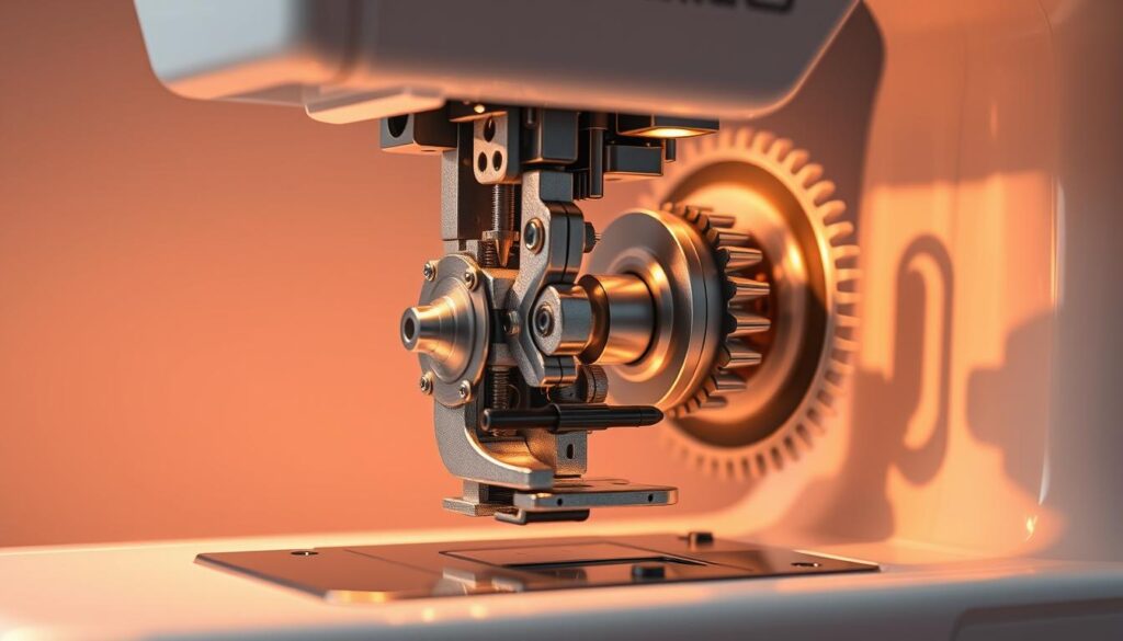 A close-up view of a serger's differential feed mechanism, showcasing its inner workings. The intricate gears and rollers are bathed in warm, directional lighting, casting soft shadows that accentuate the mechanical precision. The composition emphasizes the tool's technical nature, with a clean, minimalist background allowing the differential feed to be the focal point. The scene conveys a sense of craftsmanship and attention to detail, hinting at the smooth, professional results one can achieve when using this specialized sewing tool. A close-up view of a serger's differential feed mechanism, showcasing its inner workings. The intricate gears and rollers are bathed in warm, directional lighting, casting soft shadows that accentuate the mechanical precision. The composition emphasizes the tool's technical nature, with a clean, minimalist background allowing the differential feed to be the focal point. The scene conveys a sense of craftsmanship and attention to detail, hinting at the smooth, professional results one can achieve when using this specialized sewing tool.