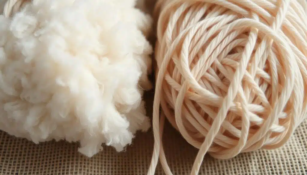A close-up view of two distinct yarn textures, one soft and fluffy cotton and the other rigid and synthetic acrylic, laid side by side on a natural linen background. The lighting is soft and diffused, creating a warm, cozy atmosphere that highlights the tactile differences between the fibers. The camera angle is slightly elevated, allowing the viewer to examine the intricate structures and subtle color variations of each yarn type. The image conveys a sense of tactile exploration, inviting the viewer to touch and compare the contrasting yarn qualities. A close-up view of two distinct yarn textures, one soft and fluffy cotton and the other rigid and synthetic acrylic, laid side by side on a natural linen background. The lighting is soft and diffused, creating a warm, cozy atmosphere that highlights the tactile differences between the fibers. The camera angle is slightly elevated, allowing the viewer to examine the intricate structures and subtle color variations of each yarn type. The image conveys a sense of tactile exploration, inviting the viewer to touch and compare the contrasting yarn qualities.
