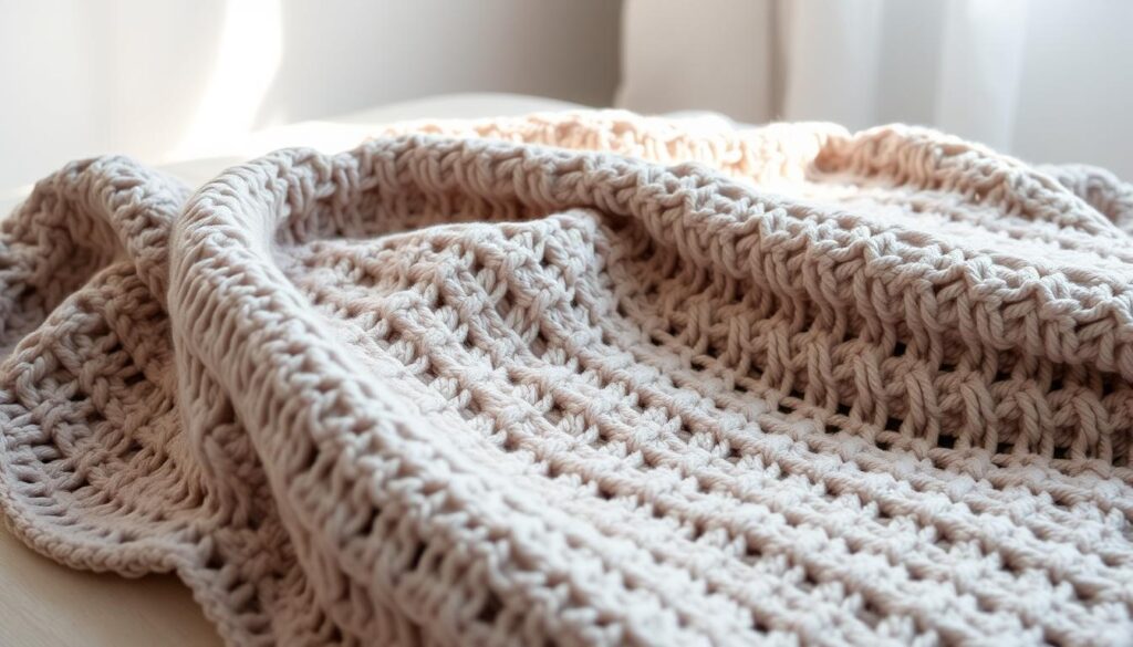 A cozy and inviting crochet blanket fills the frame, resting on a soft, neutral-toned surface. The intricate stitches create a textured, yet soothing pattern, with gentle variations in hue that add depth and visual interest. The blanket is large enough to wrap around a person, hinting at its warmth and comfort. Soft, diffused lighting casts a gentle glow, creating a calming and serene atmosphere. The composition is balanced, with the blanket taking up the majority of the frame, allowing the viewer to focus on its delicate craftsmanship and the joy of creating a handmade item. The overall scene evokes a sense of simplicity, mindfulness, and the satisfaction of mastering a beginner-friendly crochet project. A cozy and inviting crochet blanket fills the frame, resting on a soft, neutral-toned surface. The intricate stitches create a textured, yet soothing pattern, with gentle variations in hue that add depth and visual interest. The blanket is large enough to wrap around a person, hinting at its warmth and comfort. Soft, diffused lighting casts a gentle glow, creating a calming and serene atmosphere. The composition is balanced, with the blanket taking up the majority of the frame, allowing the viewer to focus on its delicate craftsmanship and the joy of creating a handmade item. The overall scene evokes a sense of simplicity, mindfulness, and the satisfaction of mastering a beginner-friendly crochet project.