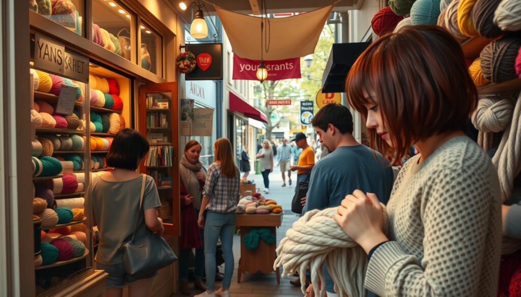 A cozy and inviting scene of local yarn shops in the USA. In the foreground, a quaint storefront with a warm, welcoming atmosphere, its display windows showcasing an array of colorful yarns and knitting accessories. The middle ground features customers browsing the selection, their hands delicately handling the soft, natural fibers. In the background, a bustling street with independent businesses, reflecting the vibrant community that supports these local fiber arts havens. The lighting is soft and natural, creating a serene, artisanal ambiance. Captured with a wide-angle lens to encompass the charming details and inviting atmosphere of these hubs for eco-conscious crocheters and knitters. A cozy and inviting scene of local yarn shops in the USA. In the foreground, a quaint storefront with a warm, welcoming atmosphere, its display windows showcasing an array of colorful yarns and knitting accessories. The middle ground features customers browsing the selection, their hands delicately handling the soft, natural fibers. In the background, a bustling street with independent businesses, reflecting the vibrant community that supports these local fiber arts havens. The lighting is soft and natural, creating a serene, artisanal ambiance. Captured with a wide-angle lens to encompass the charming details and inviting atmosphere of these hubs for eco-conscious crocheters and knitters.