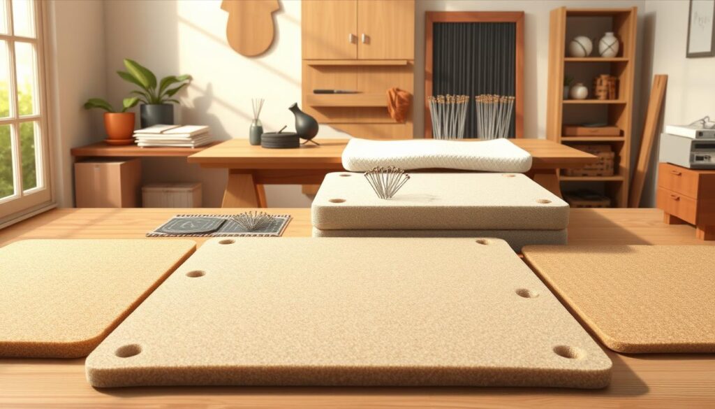 A cozy and well-lit studio setting featuring a variety of high-quality blocking mats. In the foreground, several rectangular mats made of dense, durable foam in neutral tones are neatly arranged. The mats have a textured surface and slightly raised edges to gently hold knitted pieces in place during the blocking process. In the middle ground, an array of T-pins and rust-resistant blocking wires are visible, ready to be used to shape the fabric. The background showcases a clean, uncluttered workspace with a wooden table or surface, warm lighting, and a sense of order and organization that embodies the idea of "mastering blocking knitting." A cozy and well-lit studio setting featuring a variety of high-quality blocking mats. In the foreground, several rectangular mats made of dense, durable foam in neutral tones are neatly arranged. The mats have a textured surface and slightly raised edges to gently hold knitted pieces in place during the blocking process. In the middle ground, an array of T-pins and rust-resistant blocking wires are visible, ready to be used to shape the fabric. The background showcases a clean, uncluttered workspace with a wooden table or surface, warm lighting, and a sense of order and organization that embodies the idea of "mastering blocking knitting."