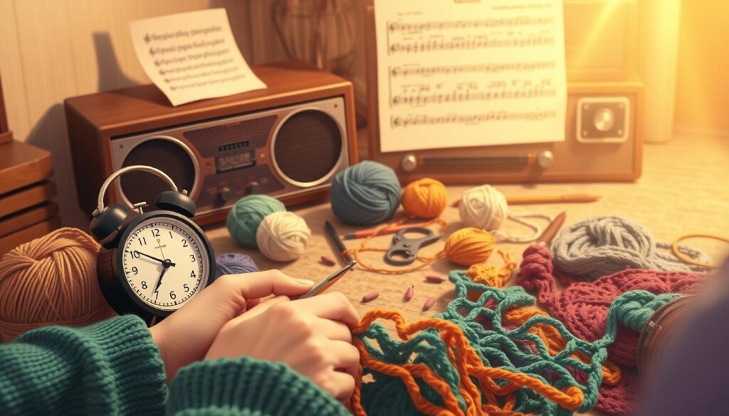 A cozy crochet scene with a metronome gently ticking, keeping the rhythm as yarn and needles dance to an upbeat musical accompaniment. The foreground features a pair of skilled hands expertly weaving colorful strands, while the middle ground showcases a variety of crochet tools and supplies. In the background, a minimalist music sheet and a vintage-style radio set the stage for an immersive, melodic experience. Warm, golden lighting and a soft, blurred focus create an atmosphere of relaxation and focused concentration, inspiring the viewer to find their own crochet groove. A cozy crochet scene with a metronome gently ticking, keeping the rhythm as yarn and needles dance to an upbeat musical accompaniment. The foreground features a pair of skilled hands expertly weaving colorful strands, while the middle ground showcases a variety of crochet tools and supplies. In the background, a minimalist music sheet and a vintage-style radio set the stage for an immersive, melodic experience. Warm, golden lighting and a soft, blurred focus create an atmosphere of relaxation and focused concentration, inspiring the viewer to find their own crochet groove.