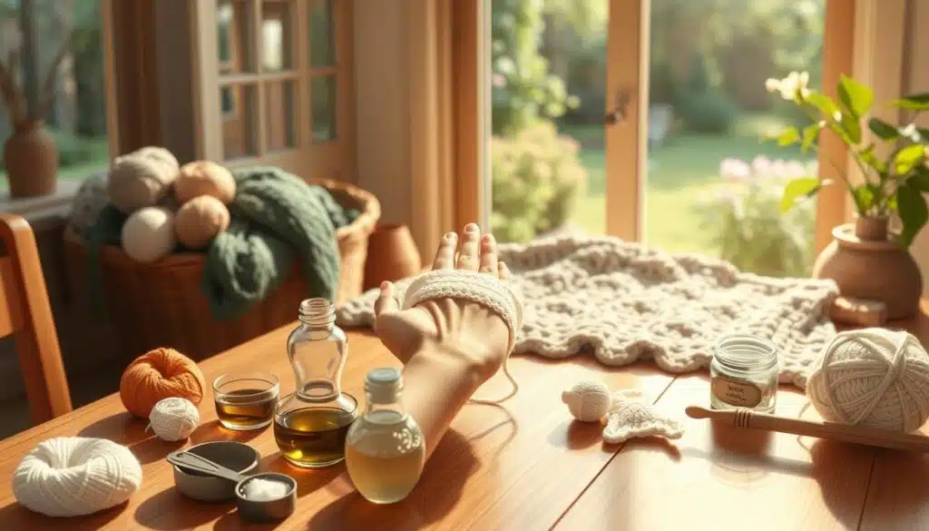 A cozy home setting with a wooden table in the foreground, showcasing a variety of natural remedies and self-care tools for sore, overworked crochet hands. In the middle ground, a pair of skilled hands gently massaging a hand with a warm compress, surrounded by skeins of yarn and a crocheted blanket. The background features a window overlooking a serene garden, bathed in soft, natural lighting. The overall atmosphere conveys a sense of comfort, relaxation, and holistic well-being for the crochet enthusiast. A cozy home setting with a wooden table in the foreground, showcasing a variety of natural remedies and self-care tools for sore, overworked crochet hands. In the middle ground, a pair of skilled hands gently massaging a hand with a warm compress, surrounded by skeins of yarn and a crocheted blanket. The background features a window overlooking a serene garden, bathed in soft, natural lighting. The overall atmosphere conveys a sense of comfort, relaxation, and holistic well-being for the crochet enthusiast.