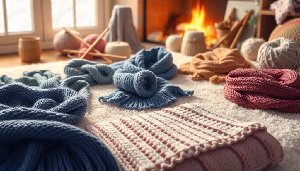 A cozy, inviting scene of beginner-friendly knit scarf patterns laid out on a soft, textured surface. In the foreground, an array of simple yet stylish scarf designs in various colors and textures, including chunky rib knits, classic cable patterns, and delicate lace work. The mid-ground features a selection of knitting needles, yarn skeins, and other essential tools, creating a sense of a warm, crafty atmosphere. The background is softly blurred, evoking a sense of peaceful tranquility, with hints of a cozy, winter-themed setting, such as a crackling fireplace or snowy window. The lighting is gentle and warm, casting a glowing, inviting ambiance over the entire scene. A cozy, inviting scene of beginner-friendly knit scarf patterns laid out on a soft, textured surface. In the foreground, an array of simple yet stylish scarf designs in various colors and textures, including chunky rib knits, classic cable patterns, and delicate lace work. The mid-ground features a selection of knitting needles, yarn skeins, and other essential tools, creating a sense of a warm, crafty atmosphere. The background is softly blurred, evoking a sense of peaceful tranquility, with hints of a cozy, winter-themed setting, such as a crackling fireplace or snowy window. The lighting is gentle and warm, casting a glowing, inviting ambiance over the entire scene.