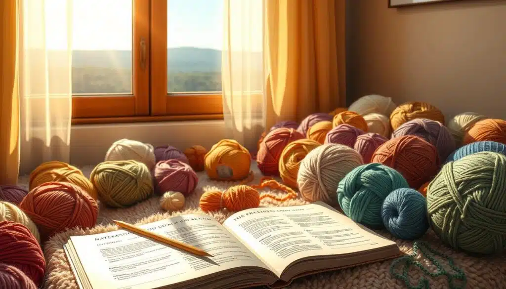 A cozy knitting nook, bathed in warm natural light filtering through sheer curtains. In the foreground, an array of vibrant yarn skeins in various fibers - wool, cotton, silk, and more - inviting tactile exploration. A pair of knitting needles rest on a plush, neutral-toned throw, hinting at the creative process. In the middle ground, a well-worn reference book lies open, its pages filled with swatches and notes on yarn substitutions. The background frames a serene landscape visible through a window, offering a calming, inspirational backdrop for the scene. A cozy knitting nook, bathed in warm natural light filtering through sheer curtains. In the foreground, an array of vibrant yarn skeins in various fibers - wool, cotton, silk, and more - inviting tactile exploration. A pair of knitting needles rest on a plush, neutral-toned throw, hinting at the creative process. In the middle ground, a well-worn reference book lies open, its pages filled with swatches and notes on yarn substitutions. The background frames a serene landscape visible through a window, offering a calming, inspirational backdrop for the scene.
