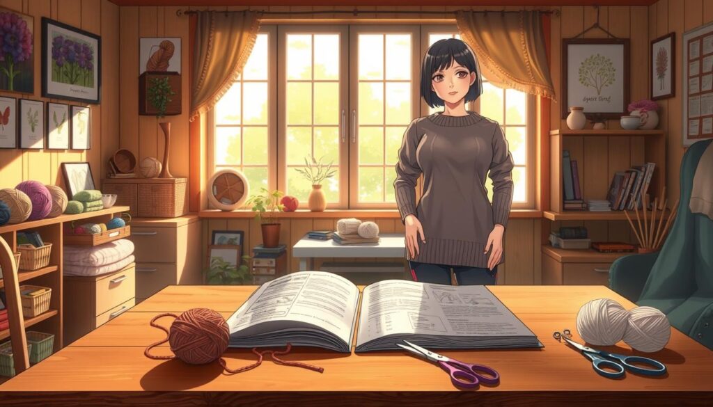 A cozy knitting studio, bathed in warm, diffused lighting from large windows. On a wooden table, an open knitting pattern book and a partially completed garment, its stitches intricately modified to flatter a diverse, inclusive body shape. Nearby, a ball of yarn, knitting needles, and a pair of scissors, all the tools needed to personalize the pattern. The walls are adorned with colorful yarn skeins and inspirational fiber art, creating a serene, creative atmosphere. The model, wearing the modified garment, stands confidently, showcasing how thoughtful adjustments can transform a pattern to celebrate individual proportions and silhouettes. A cozy knitting studio, bathed in warm, diffused lighting from large windows. On a wooden table, an open knitting pattern book and a partially completed garment, its stitches intricately modified to flatter a diverse, inclusive body shape. Nearby, a ball of yarn, knitting needles, and a pair of scissors, all the tools needed to personalize the pattern. The walls are adorned with colorful yarn skeins and inspirational fiber art, creating a serene, creative atmosphere. The model, wearing the modified garment, stands confidently, showcasing how thoughtful adjustments can transform a pattern to celebrate individual proportions and silhouettes.