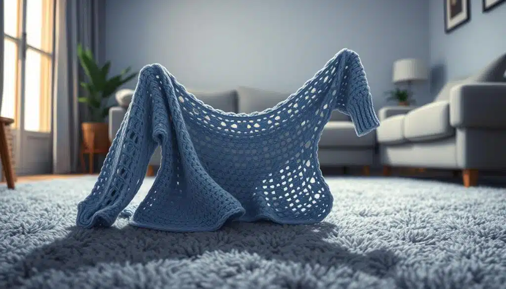A cozy living room interior, with a plush gray carpet covering the floor. In the foreground, a crocheted garment is carefully placed, its intricate stitches and textures highlighted by soft, diffused lighting from a nearby window. The garment is gently draped and shaped, as the crafter carefully manipulates the fabric to achieve the desired blocking effect. The middle ground features minimal, neutral-toned decor, allowing the focus to remain on the creative problem-solving process. The background is softly blurred, suggesting a sense of calm and concentration. The overall atmosphere is one of quiet contemplation and artistic expression. A cozy living room interior, with a plush gray carpet covering the floor. In the foreground, a crocheted garment is carefully placed, its intricate stitches and textures highlighted by soft, diffused lighting from a nearby window. The garment is gently draped and shaped, as the crafter carefully manipulates the fabric to achieve the desired blocking effect. The middle ground features minimal, neutral-toned decor, allowing the focus to remain on the creative problem-solving process. The background is softly blurred, suggesting a sense of calm and concentration. The overall atmosphere is one of quiet contemplation and artistic expression.