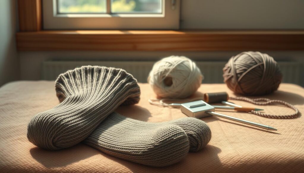 A cozy still life showcasing the care and attention required for handknit socks. In the foreground, a pair of well-loved socks rests on a soft, textured surface, their intricate stitches visible. Beside them, a ball of yarn, knitting needles, and a small sewing kit - the tools needed to maintain and repair these cherished handmade items. The middle ground features a wooden table or shelf, its warm tones complementing the earthy tones of the socks. Behind, a window or wall casts soft, natural lighting, illuminating the scene and creating a serene, homely atmosphere. Muted colors and a sense of tranquility evoke the quiet joy of tending to one's handcrafted treasures. A cozy still life showcasing the care and attention required for handknit socks. In the foreground, a pair of well-loved socks rests on a soft, textured surface, their intricate stitches visible. Beside them, a ball of yarn, knitting needles, and a small sewing kit - the tools needed to maintain and repair these cherished handmade items. The middle ground features a wooden table or shelf, its warm tones complementing the earthy tones of the socks. Behind, a window or wall casts soft, natural lighting, illuminating the scene and creating a serene, homely atmosphere. Muted colors and a sense of tranquility evoke the quiet joy of tending to one's handcrafted treasures.