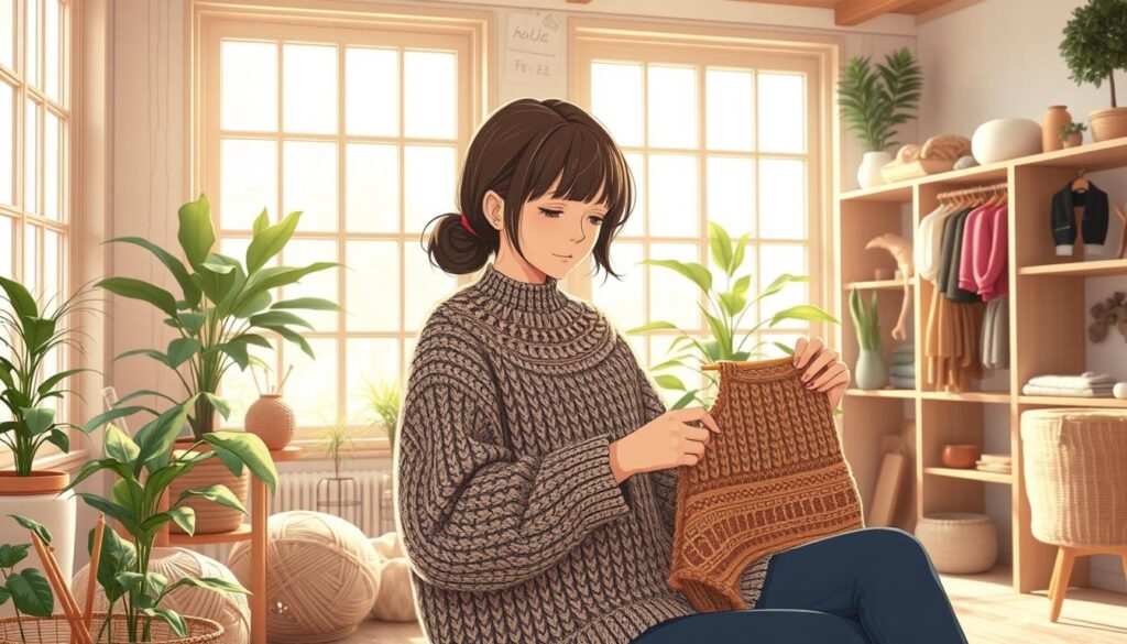 A cozy, well-lit studio setting with abundant natural light streaming through large windows. In the foreground, a hands-on knitter crafts a beautiful, intricate sweater using organic, ethically-sourced wool yarn in a palette of earthy tones. Subtle textures and geometric patterns lend a modern, minimalist aesthetic. In the middle ground, an array of sustainable knitting tools and materials, including wooden needles, reusable project bags, and recycled fiber content labels. The background features a serene, plant-filled space with shelves displaying handmade, eco-friendly knitted accessories like hats, scarves, and mittens, all showcasing thoughtful, inclusive design. A cozy, well-lit studio setting with abundant natural light streaming through large windows. In the foreground, a hands-on knitter crafts a beautiful, intricate sweater using organic, ethically-sourced wool yarn in a palette of earthy tones. Subtle textures and geometric patterns lend a modern, minimalist aesthetic. In the middle ground, an array of sustainable knitting tools and materials, including wooden needles, reusable project bags, and recycled fiber content labels. The background features a serene, plant-filled space with shelves displaying handmade, eco-friendly knitted accessories like hats, scarves, and mittens, all showcasing thoughtful, inclusive design.