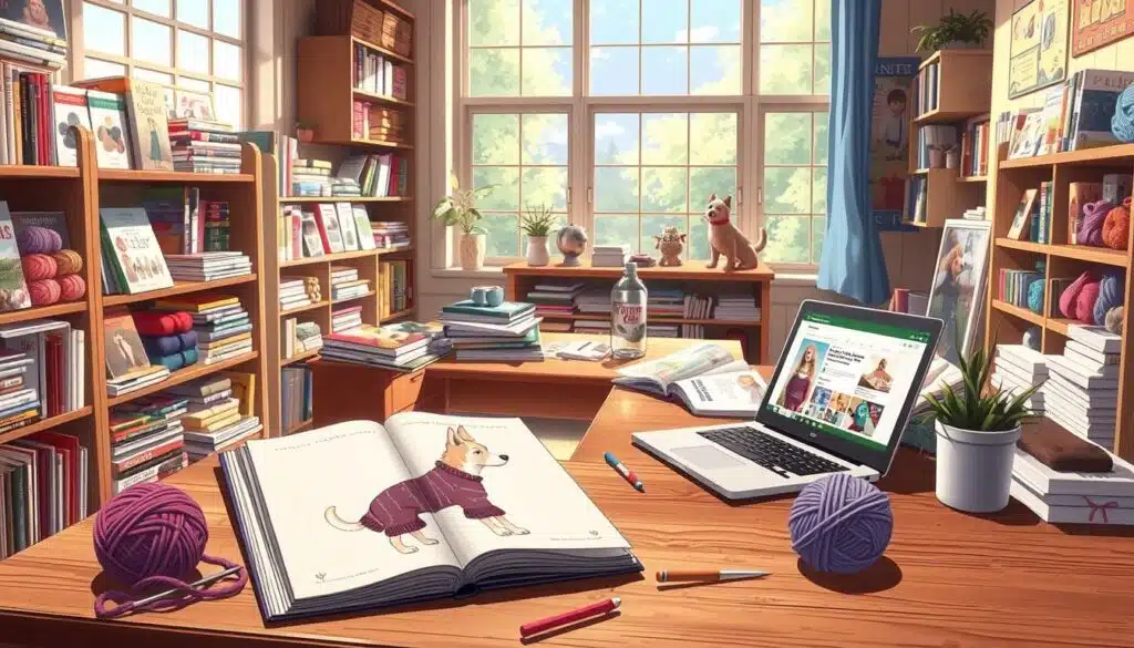 A cozy, well-lit studio space filled with shelves of knitting pattern books and skeins of vibrant yarn. In the foreground, an open book showcases an intricate pet sweater design, with needles and a ball of yarn placed alongside. The middle ground features a wooden table displaying additional pattern magazines and a laptop open to an online knitting pattern resource. The background offers a glimpse of large windows, allowing natural light to flood the room and creating a warm, inviting atmosphere. The overall scene conveys a sense of creativity, inspiration, and the joys of knitting for one's beloved furry companions. A cozy, well-lit studio space filled with shelves of knitting pattern books and skeins of vibrant yarn. In the foreground, an open book showcases an intricate pet sweater design, with needles and a ball of yarn placed alongside. The middle ground features a wooden table displaying additional pattern magazines and a laptop open to an online knitting pattern resource. The background offers a glimpse of large windows, allowing natural light to flood the room and creating a warm, inviting atmosphere. The overall scene conveys a sense of creativity, inspiration, and the joys of knitting for one's beloved furry companions.
