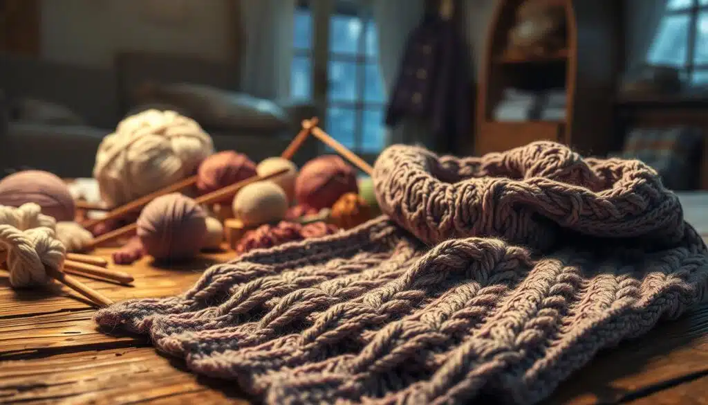 A cozy, winter-themed scene showcasing a detailed knit scarf. The foreground features a beautifully crafted scarf with intricate patterns and textures, laid out on a rustic wooden surface. The middle ground includes a selection of knitting needles, yarn skeins, and other accessories, all arranged in a visually pleasing composition. The background depicts a cozy, dimly lit interior, with soft lighting reflecting off the scarf's fibers, creating a warm and inviting atmosphere. The image is shot at a slight angle, capturing the scarf's depth and volume, and utilizing a shallow depth of field to focus the viewer's attention on the central subject. The overall mood is one of comfort, craftsmanship, and the joys of winter knitting. A cozy, winter-themed scene showcasing a detailed knit scarf. The foreground features a beautifully crafted scarf with intricate patterns and textures, laid out on a rustic wooden surface. The middle ground includes a selection of knitting needles, yarn skeins, and other accessories, all arranged in a visually pleasing composition. The background depicts a cozy, dimly lit interior, with soft lighting reflecting off the scarf's fibers, creating a warm and inviting atmosphere. The image is shot at a slight angle, capturing the scarf's depth and volume, and utilizing a shallow depth of field to focus the viewer's attention on the central subject. The overall mood is one of comfort, craftsmanship, and the joys of winter knitting.