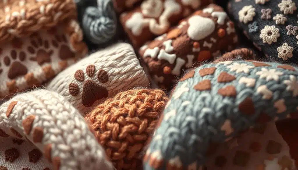 A detailed close-up of various intricate pet-themed knitting patterns, meticulously arranged in a visually appealing composition. The patterns feature an array of textures, colors, and motifs such as paw prints, bones, and animal silhouettes. The image is captured with soft, warm lighting and a shallow depth of field, emphasizing the nuanced details and creating a cozy, tactile atmosphere. The patterns are displayed against a muted, neutral background, allowing the design elements to take center stage. The overall impression conveys the thoughtful consideration that goes into selecting the right pattern attributes for crafting pet-centric knitwear. A detailed close-up of various intricate pet-themed knitting patterns, meticulously arranged in a visually appealing composition. The patterns feature an array of textures, colors, and motifs such as paw prints, bones, and animal silhouettes. The image is captured with soft, warm lighting and a shallow depth of field, emphasizing the nuanced details and creating a cozy, tactile atmosphere. The patterns are displayed against a muted, neutral background, allowing the design elements to take center stage. The overall impression conveys the thoughtful consideration that goes into selecting the right pattern attributes for crafting pet-centric knitwear.