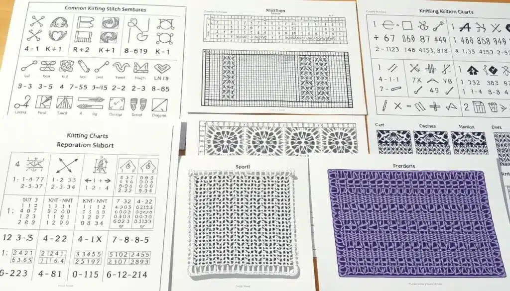 A detailed collection of knitting charts, showcasing a variety of intricate stitch patterns and symbols. The foreground features large, clear illustrations of common knitting symbols, such as knits, purls, increases, and decreases, arranged in a grid-like layout. The middle ground presents several swatches of different stitch patterns, demonstrating how the symbols translate into actual knitted fabric. The background is a soft, neutral color, allowing the charts and symbols to take center stage. The lighting is soft and even, creating a calming, instructional atmosphere, suitable for an educational resource. The camera angle is slightly elevated, providing an optimal view of the knitting charts and their design elements. A detailed collection of knitting charts, showcasing a variety of intricate stitch patterns and symbols. The foreground features large, clear illustrations of common knitting symbols, such as knits, purls, increases, and decreases, arranged in a grid-like layout. The middle ground presents several swatches of different stitch patterns, demonstrating how the symbols translate into actual knitted fabric. The background is a soft, neutral color, allowing the charts and symbols to take center stage. The lighting is soft and even, creating a calming, instructional atmosphere, suitable for an educational resource. The camera angle is slightly elevated, providing an optimal view of the knitting charts and their design elements.