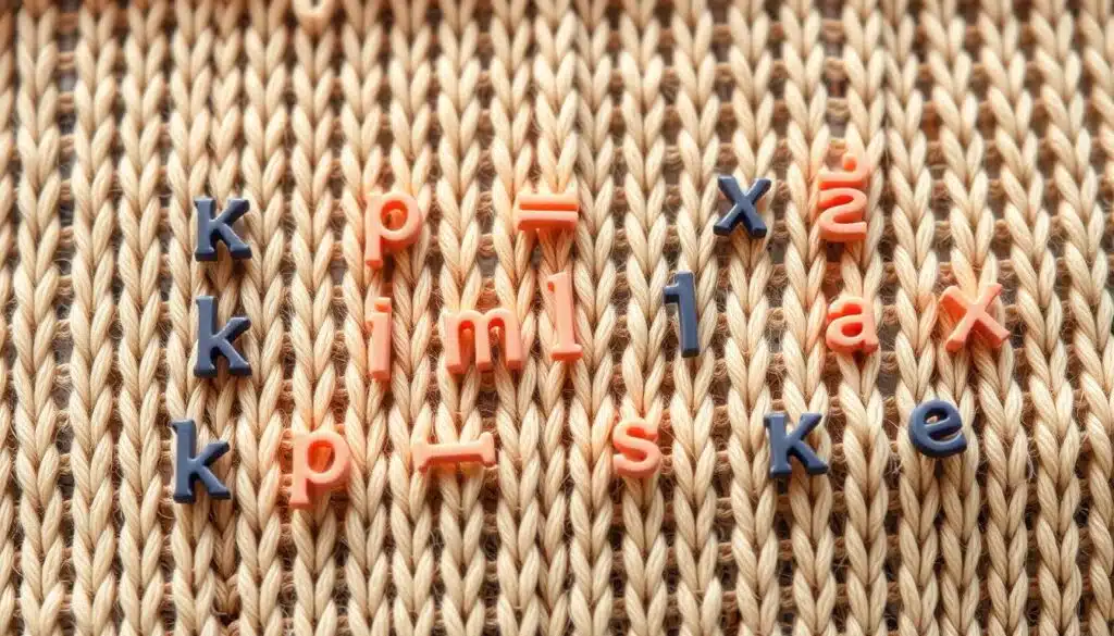 A detailed, high-resolution image of a collection of knitting abbreviations and symbols arranged neatly on a soft, neutral-colored knitted background. The abbreviations are clear and legible, with a harmonious color palette that complements the textured fabric. The lighting is warm and diffused, creating a cozy, crafted atmosphere. The camera angle is slightly elevated, allowing the viewer to clearly see the various knitting shorthand like "k", "p", "m1", "ssk", and other common pattern notations. The overall composition is visually appealing and informative, serving as a helpful reference for the "Carefully reading special abbreviations and pattern-specific symbols" section of the article. A detailed, high-resolution image of a collection of knitting abbreviations and symbols arranged neatly on a soft, neutral-colored knitted background. The abbreviations are clear and legible, with a harmonious color palette that complements the textured fabric. The lighting is warm and diffused, creating a cozy, crafted atmosphere. The camera angle is slightly elevated, allowing the viewer to clearly see the various knitting shorthand like "k", "p", "m1", "ssk", and other common pattern notations. The overall composition is visually appealing and informative, serving as a helpful reference for the "Carefully reading special abbreviations and pattern-specific symbols" section of the article.
