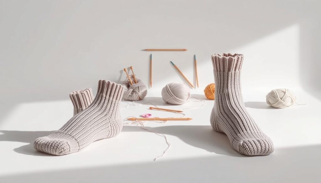 A high-contrast, studio-style image showcasing a top-down and toe-up sock knitting process. In the foreground, two partially completed sock structures are displayed, one knitted from the top-down and the other from the toe-up, highlighting the distinct construction methods. The socks are placed on a clean, minimalist surface, with soft, directional lighting casting subtle shadows to accentuate the textural details of the yarn. The middle ground features various knitting tools and supplies, such as needles, stitch markers, and yarn skeins, arranged in an organized, compositional manner. The background is a simple, solid color that allows the sock samples and accessories to take center stage, creating a focused, educational visualization of the two knitting techniques. A high-contrast, studio-style image showcasing a top-down and toe-up sock knitting process. In the foreground, two partially completed sock structures are displayed, one knitted from the top-down and the other from the toe-up, highlighting the distinct construction methods. The socks are placed on a clean, minimalist surface, with soft, directional lighting casting subtle shadows to accentuate the textural details of the yarn. The middle ground features various knitting tools and supplies, such as needles, stitch markers, and yarn skeins, arranged in an organized, compositional manner. The background is a simple, solid color that allows the sock samples and accessories to take center stage, creating a focused, educational visualization of the two knitting techniques.
