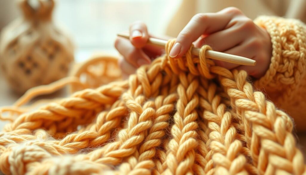 A meticulously crafted brioche knitting project, delicately rendered in soft, supple yarns. The foreground features intricate braided stitches, their warm, golden tones evoking the inviting texture of freshly baked brioche bread. The midground showcases the knitting process, with nimble fingers deftly manipulating the needles, creating a mesmerizing dance of loops and twists. The background subtly fades into a cozy, minimalist setting, allowing the knitting to take center stage and inspire viewers to explore this captivating modern technique. Captured with a crisp, high-resolution lens and warm, natural lighting, this image radiates a sense of craftsmanship, tactility, and the joy of creative expression. A meticulously crafted brioche knitting project, delicately rendered in soft, supple yarns. The foreground features intricate braided stitches, their warm, golden tones evoking the inviting texture of freshly baked brioche bread. The midground showcases the knitting process, with nimble fingers deftly manipulating the needles, creating a mesmerizing dance of loops and twists. The background subtly fades into a cozy, minimalist setting, allowing the knitting to take center stage and inspire viewers to explore this captivating modern technique. Captured with a crisp, high-resolution lens and warm, natural lighting, this image radiates a sense of craftsmanship, tactility, and the joy of creative expression.