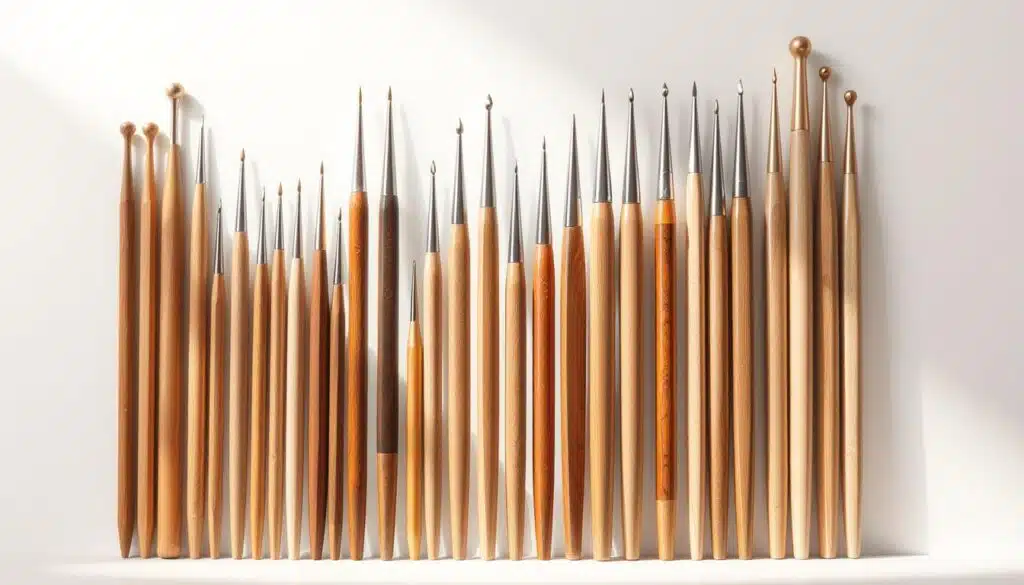 A neatly arranged array of knitting needles in varying sizes, captured in a well-lit studio setting with a soft, diffused light. The needles are displayed against a clean, neutral background, showcasing their distinct diameters and lengths. The composition emphasizes the differences between the needle sizes, allowing the viewer to clearly discern how the dimensions would affect the gauge and fit of a knitted project. The image exudes a sense of order and precision, inviting the viewer to closely examine the nuances of needle selection for their next knitting endeavor. A neatly arranged array of knitting needles in varying sizes, captured in a well-lit studio setting with a soft, diffused light. The needles are displayed against a clean, neutral background, showcasing their distinct diameters and lengths. The composition emphasizes the differences between the needle sizes, allowing the viewer to clearly discern how the dimensions would affect the gauge and fit of a knitted project. The image exudes a sense of order and precision, inviting the viewer to closely examine the nuances of needle selection for their next knitting endeavor.