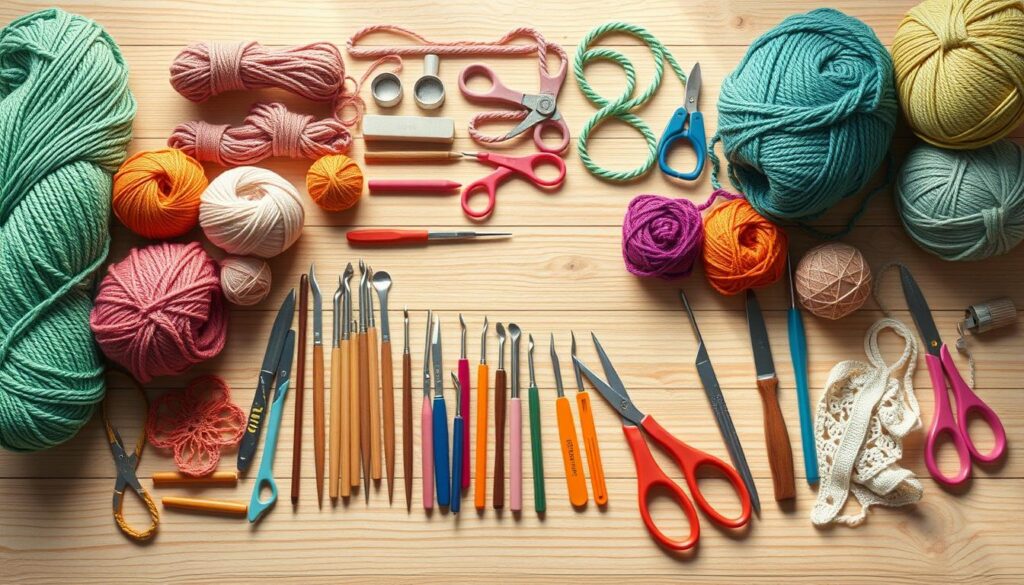 A neatly arranged collection of colorful yarn skeins, crochet hooks of varying sizes, and other essential tools for mosaic crochet. The scene is set on a clean, well-lit wooden surface, showcasing the materials in an organized and visually appealing manner. The lighting is soft and diffused, creating gentle shadows and highlights that accentuate the textures and hues of the yarns and tools. The overall composition is balanced, with the items placed in a visually pleasing arrangement that suggests creativity and attention to detail, capturing the essence of the "What you need to get started: yarns, hooks, and tools for mosaic work" section. A neatly arranged collection of colorful yarn skeins, crochet hooks of varying sizes, and other essential tools for mosaic crochet. The scene is set on a clean, well-lit wooden surface, showcasing the materials in an organized and visually appealing manner. The lighting is soft and diffused, creating gentle shadows and highlights that accentuate the textures and hues of the yarns and tools. The overall composition is balanced, with the items placed in a visually pleasing arrangement that suggests creativity and attention to detail, capturing the essence of the "What you need to get started: yarns, hooks, and tools for mosaic work" section.