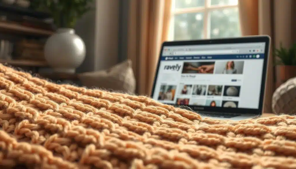 A serene and tactile scene of brioche stitch patterns showcased on the popular knitting community platform Ravelry. In the foreground, an intricate lattice of warm, buttery brioche stitches in muted earth tones. The middle ground features a selection of knitting project pages open on a laptop, displaying various brioche pattern designs. In the background, a softly blurred image of the Ravelry website interface, conveying a sense of connection and inspiration within the online knitting community. Gentle natural lighting filters through a window, casting a cozy glow over the scene. The overall atmosphere evokes a feeling of craftsmanship, creativity, and a passion for the art of brioche knitting. A serene and tactile scene of brioche stitch patterns showcased on the popular knitting community platform Ravelry. In the foreground, an intricate lattice of warm, buttery brioche stitches in muted earth tones. The middle ground features a selection of knitting project pages open on a laptop, displaying various brioche pattern designs. In the background, a softly blurred image of the Ravelry website interface, conveying a sense of connection and inspiration within the online knitting community. Gentle natural lighting filters through a window, casting a cozy glow over the scene. The overall atmosphere evokes a feeling of craftsmanship, creativity, and a passion for the art of brioche knitting.
