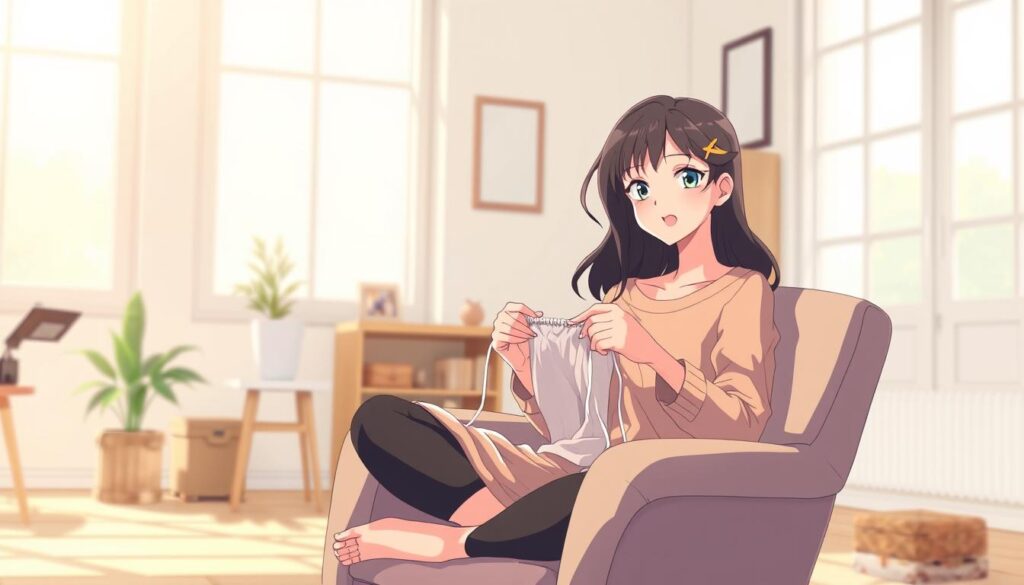 A serene, well-lit studio space with a comfortable armchair in the foreground. A woman sits cross-legged, her hands skillfully guiding yarn and needles as she knits with focused intention. Her posture is upright yet relaxed, her expression calm and contemplative. Soft, natural lighting filters in through large windows, casting a warm glow on the scene. The background features simple, minimalist decor that amplifies the tranquil atmosphere. The overall mood is one of mindfulness, concentration, and the therapeutic joy of the creative process. A serene, well-lit studio space with a comfortable armchair in the foreground. A woman sits cross-legged, her hands skillfully guiding yarn and needles as she knits with focused intention. Her posture is upright yet relaxed, her expression calm and contemplative. Soft, natural lighting filters in through large windows, casting a warm glow on the scene. The background features simple, minimalist decor that amplifies the tranquil atmosphere. The overall mood is one of mindfulness, concentration, and the therapeutic joy of the creative process.