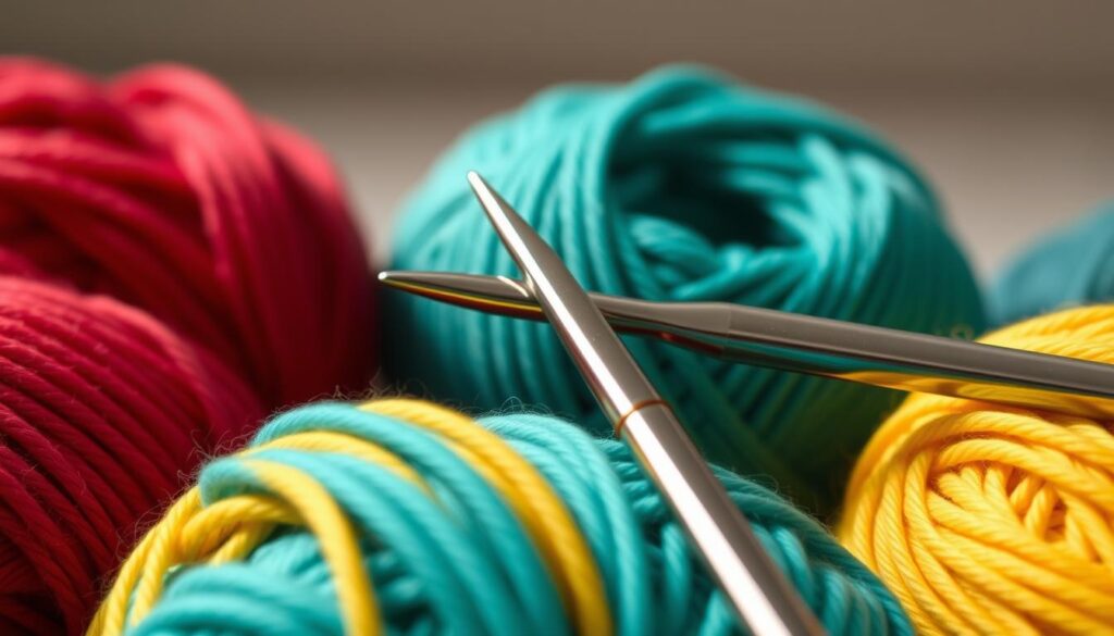 A vibrant and dynamic closeup of a selection of the best yarns for speedy crochet projects. In the foreground, several skeins of smooth, high-quality acrylic yarn in bold, saturated colors - red, teal, and sunshine yellow - are neatly arranged. The middle ground features a pair of sturdy metal crochet hooks, their metal surfaces gleaming under the soft, directional lighting. The background is blurred, but hints at a clean, minimalist workspace, allowing the yarn and hooks to take center stage. The overall mood is one of focused efficiency and creative potential, inspiring the crafter to stitch with speed and precision. A vibrant and dynamic closeup of a selection of the best yarns for speedy crochet projects. In the foreground, several skeins of smooth, high-quality acrylic yarn in bold, saturated colors - red, teal, and sunshine yellow - are neatly arranged. The middle ground features a pair of sturdy metal crochet hooks, their metal surfaces gleaming under the soft, directional lighting. The background is blurred, but hints at a clean, minimalist workspace, allowing the yarn and hooks to take center stage. The overall mood is one of focused efficiency and creative potential, inspiring the crafter to stitch with speed and precision.