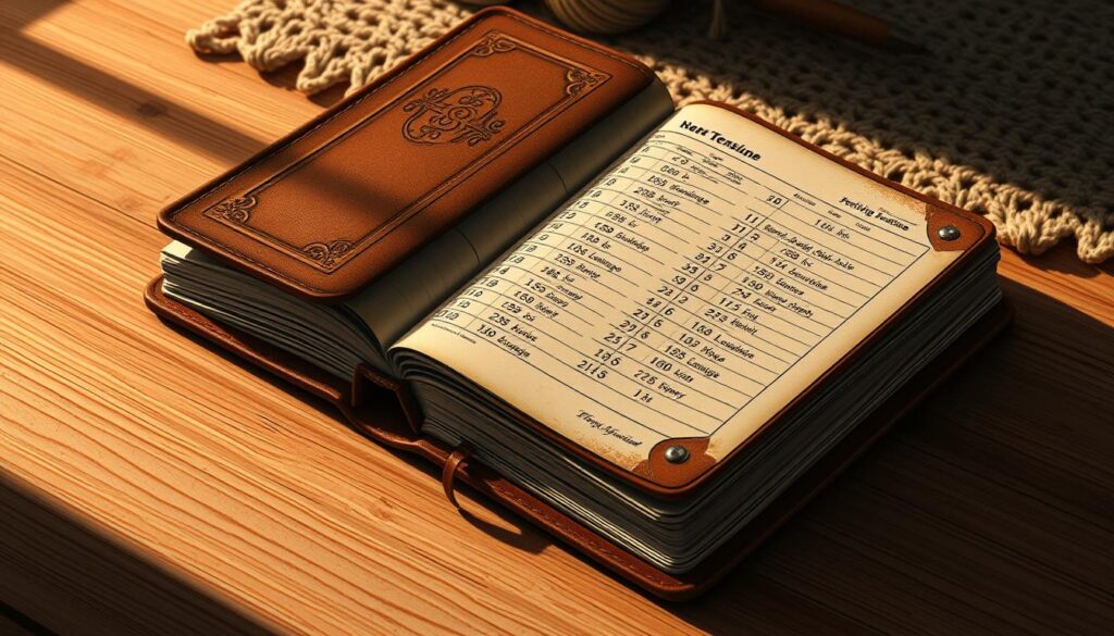 A weathered leather-bound journal, its pages filled with neatly organized rows of numbers, dates, and carefully documented crochet tension samples. The cover features an elegant embossed pattern, evoking a sense of structure and discipline. Resting on a wooden surface, the journal is bathed in warm, soft lighting, casting subtle shadows that accentuate its tactile quality. In the background, a neutral-toned fabric, perhaps a carefully woven swatch, suggests the journey of mastering the art of crochet tension, a visual representation of the section's focus on practice routines and progress tracking. A weathered leather-bound journal, its pages filled with neatly organized rows of numbers, dates, and carefully documented crochet tension samples. The cover features an elegant embossed pattern, evoking a sense of structure and discipline. Resting on a wooden surface, the journal is bathed in warm, soft lighting, casting subtle shadows that accentuate its tactile quality. In the background, a neutral-toned fabric, perhaps a carefully woven swatch, suggests the journey of mastering the art of crochet tension, a visual representation of the section's focus on practice routines and progress tracking.