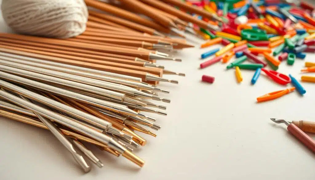 A well-lit tabletop scene showcasing an assortment of high-quality crochet hooks in various materials, sizes, and colors. In the foreground, a group of metallic hooks in silver, gold, and copper tones are arranged in a fan-like display, their polished surfaces gleaming under soft lighting. The middle ground features a mix of wooden hooks in warm, natural hues, their grain and texture visible. In the background, a scattering of plastic and resin hooks in vibrant shades creates a visually striking contrast. The overall composition emphasizes the diverse range of options available, inviting the viewer to consider the tradeoffs between cost and performance when selecting the best crochet hooks for their needs. A well-lit tabletop scene showcasing an assortment of high-quality crochet hooks in various materials, sizes, and colors. In the foreground, a group of metallic hooks in silver, gold, and copper tones are arranged in a fan-like display, their polished surfaces gleaming under soft lighting. The middle ground features a mix of wooden hooks in warm, natural hues, their grain and texture visible. In the background, a scattering of plastic and resin hooks in vibrant shades creates a visually striking contrast. The overall composition emphasizes the diverse range of options available, inviting the viewer to consider the tradeoffs between cost and performance when selecting the best crochet hooks for their needs.