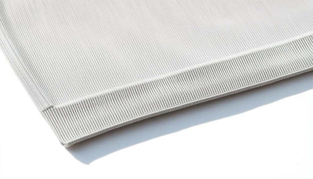 Crisp, high-quality image of a coverstitch hem on a knitted fabric, viewed from a close-up angle. The foreground showcases the delicate stitching with even, parallel rows of stitches, creating a smooth, uniform edge. The fabric has a soft, supple texture with a matte finish. Warm, natural lighting accentuates the dimensional quality of the stitches, casting subtle shadows that add depth and detail. The background is a clean, minimalist setting, allowing the craftsmanship of the hem to be the focal point. The overall composition conveys a sense of precision, care, and the professional-level finish of a ready-to-wear garment. Crisp, high-quality image of a coverstitch hem on a knitted fabric, viewed from a close-up angle. The foreground showcases the delicate stitching with even, parallel rows of stitches, creating a smooth, uniform edge. The fabric has a soft, supple texture with a matte finish. Warm, natural lighting accentuates the dimensional quality of the stitches, casting subtle shadows that add depth and detail. The background is a clean, minimalist setting, allowing the craftsmanship of the hem to be the focal point. The overall composition conveys a sense of precision, care, and the professional-level finish of a ready-to-wear garment.