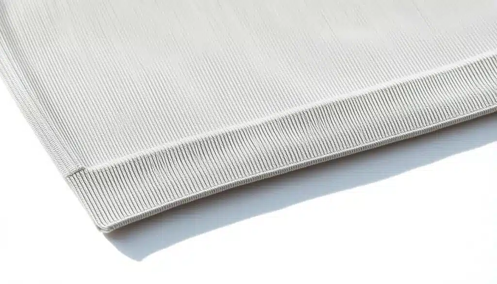 Crisp, high-quality image of a coverstitch hem on a knitted fabric, viewed from a close-up angle. The foreground showcases the delicate stitching with even, parallel rows of stitches, creating a smooth, uniform edge. The fabric has a soft, supple texture with a matte finish. Warm, natural lighting accentuates the dimensional quality of the stitches, casting subtle shadows that add depth and detail. The background is a clean, minimalist setting, allowing the craftsmanship of the hem to be the focal point. The overall composition conveys a sense of precision, care, and the professional-level finish of a ready-to-wear garment. Crisp, high-quality image of a coverstitch hem on a knitted fabric, viewed from a close-up angle. The foreground showcases the delicate stitching with even, parallel rows of stitches, creating a smooth, uniform edge. The fabric has a soft, supple texture with a matte finish. Warm, natural lighting accentuates the dimensional quality of the stitches, casting subtle shadows that add depth and detail. The background is a clean, minimalist setting, allowing the craftsmanship of the hem to be the focal point. The overall composition conveys a sense of precision, care, and the professional-level finish of a ready-to-wear garment.