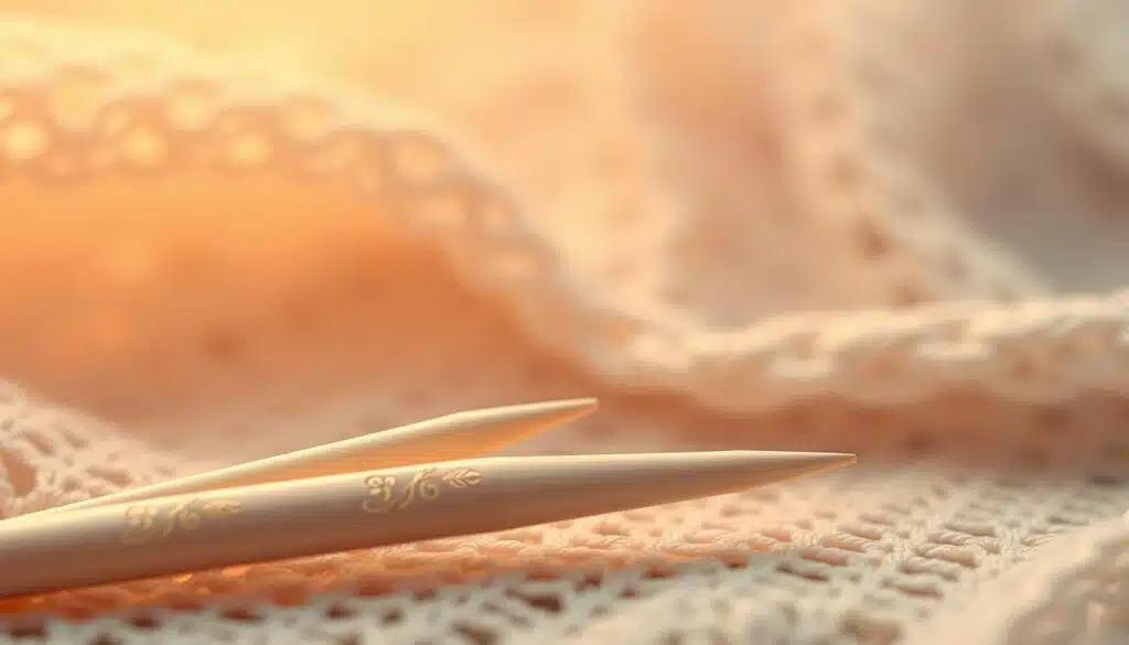 Elegant lace knitting needles in a soft, ethereal composition. Delicate ivory-colored needles with intricate floral engravings, bathed in warm, diffused lighting. The needles are arranged in the foreground, their graceful curves and fine details accentuated by a shallow depth of field. The middle ground features a subtly blurred, pastel-toned background, suggesting a serene, textile-rich environment. The overall mood is one of refined sophistication and artisanal craftsmanship, befitting the specialized needs of lace knitting. Elegant lace knitting needles in a soft, ethereal composition. Delicate ivory-colored needles with intricate floral engravings, bathed in warm, diffused lighting. The needles are arranged in the foreground, their graceful curves and fine details accentuated by a shallow depth of field. The middle ground features a subtly blurred, pastel-toned background, suggesting a serene, textile-rich environment. The overall mood is one of refined sophistication and artisanal craftsmanship, befitting the specialized needs of lace knitting.