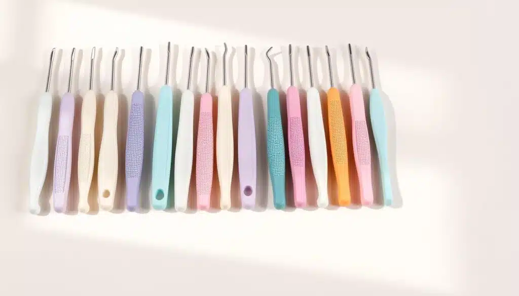 Ergonomic crochet hooks in a well-lit studio, arranged neatly on a neutral background. The hooks feature smooth, curved handles in a variety of pastel colors, designed to reduce hand strain and fatigue during extended crochet sessions. The hooks are photographed from a slightly elevated angle, showcasing their sleek, modern shapes and textured grips. The lighting is soft and diffused, creating gentle shadows that accentuate the ergonomic form of the hooks. The overall mood is one of comfort, ease, and thoughtful design, conveying the idea of a tool that can help soothe hand pain and make crochet a more enjoyable experience. Ergonomic crochet hooks in a well-lit studio, arranged neatly on a neutral background. The hooks feature smooth, curved handles in a variety of pastel colors, designed to reduce hand strain and fatigue during extended crochet sessions. The hooks are photographed from a slightly elevated angle, showcasing their sleek, modern shapes and textured grips. The lighting is soft and diffused, creating gentle shadows that accentuate the ergonomic form of the hooks. The overall mood is one of comfort, ease, and thoughtful design, conveying the idea of a tool that can help soothe hand pain and make crochet a more enjoyable experience.